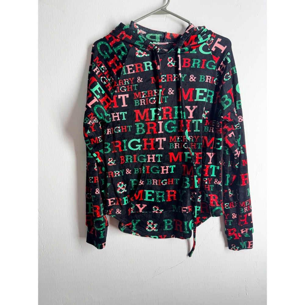 No Boundaries Merry & Bright Christmas Hoodie Black Red Green Velour Size M 7-9